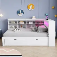 MODFU day bed 140x200 cm letto estraibile in legno con USB, divano letto per ragazzi con striscia LED e contenitore, bianco (con materasso)