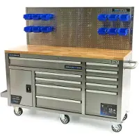 HBM banco da lavoro 158 cm con 10 cassetti, anta e pannello posteriore, acciaio inox