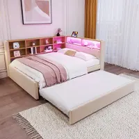 OKWISH Letto imbottito, Letto pieghevole 90x200, Letto pieghevole 90x190, Letto singolo con illuminazione a LED, prese elettriche e numerosi vani portaoggetti, Flanella, con materasso, Beige