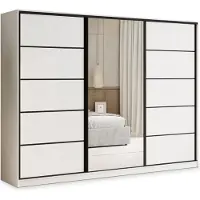 Masseno Armadio scorrevole PINA 270/205/58 cm Armadio con 4 cassetti Armadio per camera da letto a 3 ante con specchio Bianco