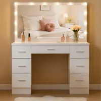 CLP Toeletta in legno con specchio Hollywood a LED, 3 modalità di illuminazione regolabili, 7 cassetti, specchio 110x55 cm