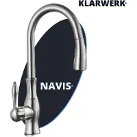 KLARWERK NAVIS | Rubinetto da cucina estraibile in acciaio inossidabile, finitura argento spazzolato | Miscelatore ad arco alto | Rubinetto ad alta pressione, orientabile a 360°, 2 attacchi