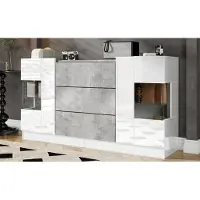MODFU Mobile da cucina, mobiletto contenitore con 2 ante e 3 cassetti, piano con finitura bianca lucida, illuminazione LED con 16 colori, dimensioni 140 x 35 x 75 cm
