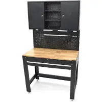HBM banco da lavoro 115 cm con grande cassetto, parete con armadio e pannello posteriore, nero