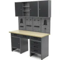 HBM banco da lavoro 160 cm con 6 cassetti, parete con armadio e pannello posteriore, nero, grigio