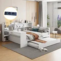 MODFU divano letto in legno letto estraibile letto per bambini letto per ragazzi, 140*200 cm, con scrivania libreria scomparti e ripiani, con presa di corrente, bianco senza materasso