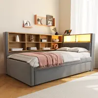 STILVORA Divano letto 90x200 cm con luci a LED e prese elettriche, lettino per bambini con numerosi vani portaoggetti, grigio scuro (senza materasso)