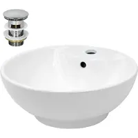 LuxeBath Lavabo Lavabo da appoggio rotondo, Ø 45,5x18,5 cm, bianco, in Vetroceramica, incl. set di scarico con troppopieno