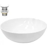 LuxeBath Lavabo Lavabo da appoggio rotondo, Ø40x14,7 cm, bianco, in Vetroceramica, incl. set di scarico senza troppopieno