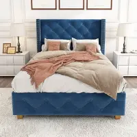 MODFU Letto imbottito 90×200 cm, letto per ragazzi con testata, struttura letto singolo con gambe in legno, velluto, blu (senza materasso)