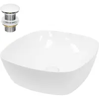 LuxeBath Lavabo Lavabo da appoggio rotondo, Ø 40,5x14 cm, bianco, in Vetroceramica, incl. set di scarico senza troppopieno