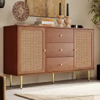 OKWISH cassettiera a 2 ante e 3 cassetti, cassettiera con ante in rattan, ripiano regolabile, per soggiorno, camera da letto, H90/W150/H40 cm
