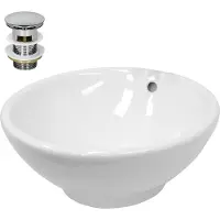 LuxeBath Lavabo Lavabo da appoggio rotondo, Ø 42x17 cm, bianco, in Vetroceramica, incl. set di scarico con troppopieno