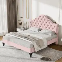 MODFU Letto imbottito 140x200 cm con testiera e rete regolabili in altezza, letto matrimoniale per bambini in velluto e legno massello (materasso escluso), rosa