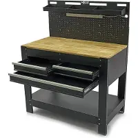 HBM banco da lavoro 115 cm con 3 cassetti, piano di lavoro in legno e pannello posteriore, nero