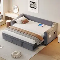 MODFU Letto pieghevole, 90/180 x 190 cm, letto imbottito con vani portaoggetti e rete, letto matrimoniale con letto estraibile e caricatore USB, senza materasso, grigio
