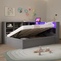 OKWISH letto pieghevole 90×200 con cassetto e vano contenitore, letto da giorno con rete e striscia luminosa a LED, letto multifunzionale in legno, senza materasso, grigio