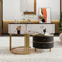 Sweiko Tavolino 2-in-1 rotondo in MDF, tavolino con 1 piano in vetro lucido e 1 piano in vetro temperato marrone, combinazione di tavolino da salotto con 2 cassetti, 70x70x45 + 50x50x40 cm