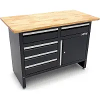 HBM banco da lavoro 120 cm con 5 cassetti e anta, piano di lavoro in legno massello, nero