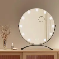 Emke Specchio cosmetico Hollywood 58X50cm Specchio da trucco rotondo con illuminazione a LED e ingrandimento 7x, 3 colori di luce dimmerabili, nero