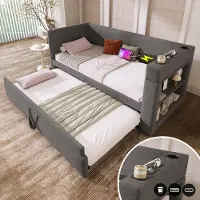 Flieks Letto imbottito 90x190cm con funzione di carico e portabicchieri, divano letto da giorno con letto estraibile e contenitore, letto da giorno per giovani in cotone, grigio