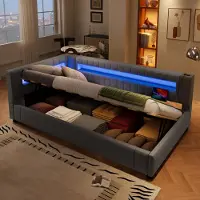 Merax daybed Daybed 90x200 cm, contenitore idraulico, striscia luminosa a LED con telecomando, testata con USB e Type-C, divano letto, daybed, grigio