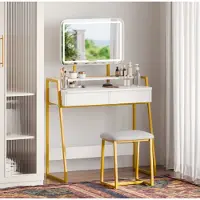 Mondeer Tavolino da toilette con illuminazione a LED e sgabello Tavolino cosmetico con 2 cassetti Tavolino da toilette