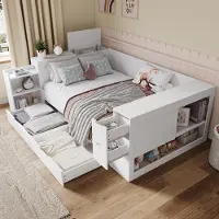 STILVORA Letto per bambini 140x200 con 2 cassetti estraibili e comodini, letto per adolescenti con armadietti a scomparsa, letto contenitore per adolescenti, completo di materasso, colore bianco