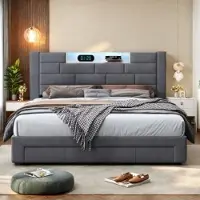 UnboxG Letto imbottito 160x200cm con USB e prese, letto per ragazzi letto matrimoniale con 3 cassetti, letto contenitore letto in legno massiccio con LED/tipo C e rete a doghe grigio