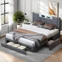 UnboxG Letto imbottito 140x200cm con USB e prese, letto per ragazzi letto matrimoniale con 3 cassetti, letto contenitore letto in legno massiccio con LED/tipo C e rete a doghe grigio