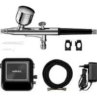 Wiltec HS-A10K Set di accessori per compressore 2,8 bar, set di aerografi 12 V, pistola per aerografo con ugello da 0,3 mm, compressore d'aria con pennello d'aria