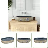 The Living Store Lavabo da appoggio Colori sabbia Blu Ovale 59x40x14 cm Vetroceramica