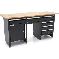 HBM banco da lavoro 171 cm con 6 cassetti e anta, piano di lavoro in legno massello, nero