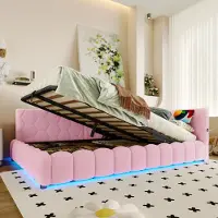 MODFU Letto pieghevole con materasso 140×200 Letto da giorno con meccanismo di sollevamento idraulico, con striscia luminosa a LED, letto per ragazzi con luce a LED e porta USB, rosa