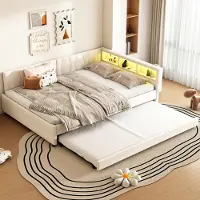 OKWISH divano letto 140×200 letto per ragazzi con materasso e letto estraibile, USB+tipo C, letto matrimoniale con contenitore letto da giorno estensibile con luce LED telecomandata, beige
