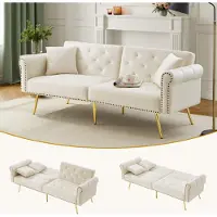 OKWISH Divano letto con funzione letto, divano doppio con schienale regolabile a 3 livelli, poltrona relax con gambe in metallo dorato, beige