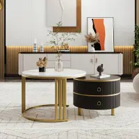 Sweiko Tavolino rotondo 2 in 1 in MDF, tavolino con piano lucido e 1 piano in marmo bianco, combinazione di tavolino da salotto con 2 cassetti, 70x70x46 + 50x50x40 cm