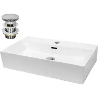 LuxeBath Lavabo Lavabo da appoggio Square, 51,5x36x13 cm, bianco, in Vetroceramica, incl. set di scarico con troppopieno