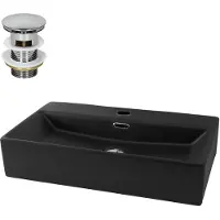 LuxeBath Lavabo da appoggio Square, 60,5x36,5x13 cm, nero, in Vetroceramica, incl. set di scarico con troppopieno