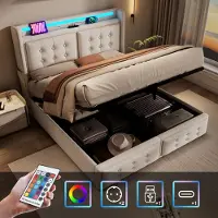 Flieks Letto imbottito 180x200cm con funzione di carico, letto matrimoniale per ragazzi con LED, letto contenitore idraulico con rete a doghe, cotone beige
