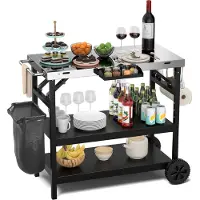 Costway Tavolo da barbecue con 3 ripiani, carrello da barbecue con ripiano regolabile, supporto per telefono, portaspezie, porta asciugamani, porta fazzoletti e gancio, carrello laterale da esterno