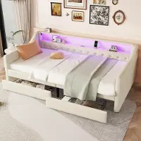 OKWISH divano letto 90x200 a luce ambiente con telecomando e cassetti, divano giovanile con rete a doghe e USB, (senza materasso)Beige