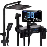 Zelurxx Sistema doccia con termostato, set doccia a pioggia, gruppo doccia, rubinetteria per doccia, indicatore LED, nero