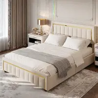 UnboxG Letto imbottito 140x200cm, letto a molle idrauliche, letto per ragazzi letto matrimoniale con rete a doghe e contenitore, letto contenitore, velluto, beige