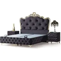 Casa Padrino Set di mobili barocchi per la camera da letto Nero / Crema / Oro - Varie dimensioni - 1 letto matrimoniale barocco e 2 comodini barocchi - Camera da letto barocca e mobili per hotel