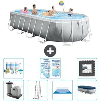 Intex Piscina Oval Prism Frame - 610 x 305 x 122 cm - Grigio - inclusa pompa - scaletta - telo di fondo - pacchetto di manutenzione della copertura - filtro - piastrelle per il pavimento