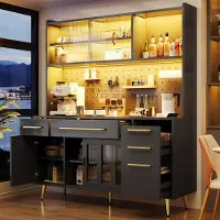 STILVORA Mobile contenitore laterale con illuminazione a LED, armadietto alto con pannello forato, cassetto e porta in vetro, ideale per cucina e soggiorno, mobile contenitore nero