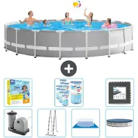Intex Piscina Round Prism Frame - 610 x 132 cm - Grigio - inclusa pompa - scala - telo di fondo - pacchetto di manutenzione della copertura - filtro - piastrelle per il pavimento