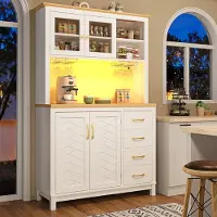 MODFU Armadio da cucina, mensola laterale con striscia LED, armadio contenitore con cassetti e portabottiglie, armadio alto, ampio spazio contenitivo, bianco