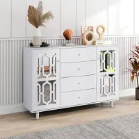 MODFU Comodino con ante in vetro a specchio e 4 cassetti, mobile da cucina in stile rustico 148x102x40 cm, bianco
